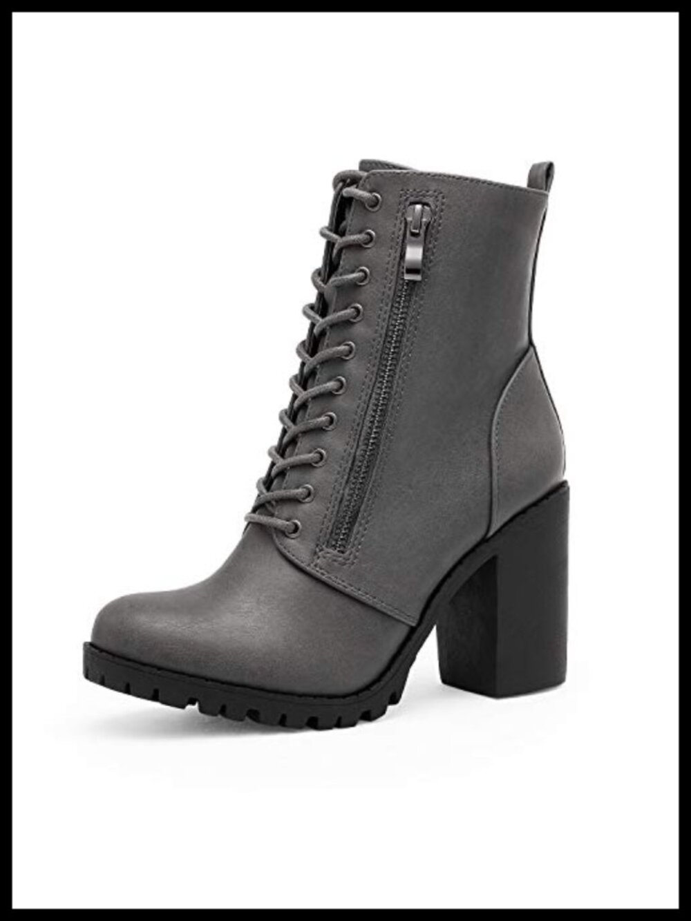 Faux Leather Combat Ankle Booties with Chunky Heel, Side Zipper